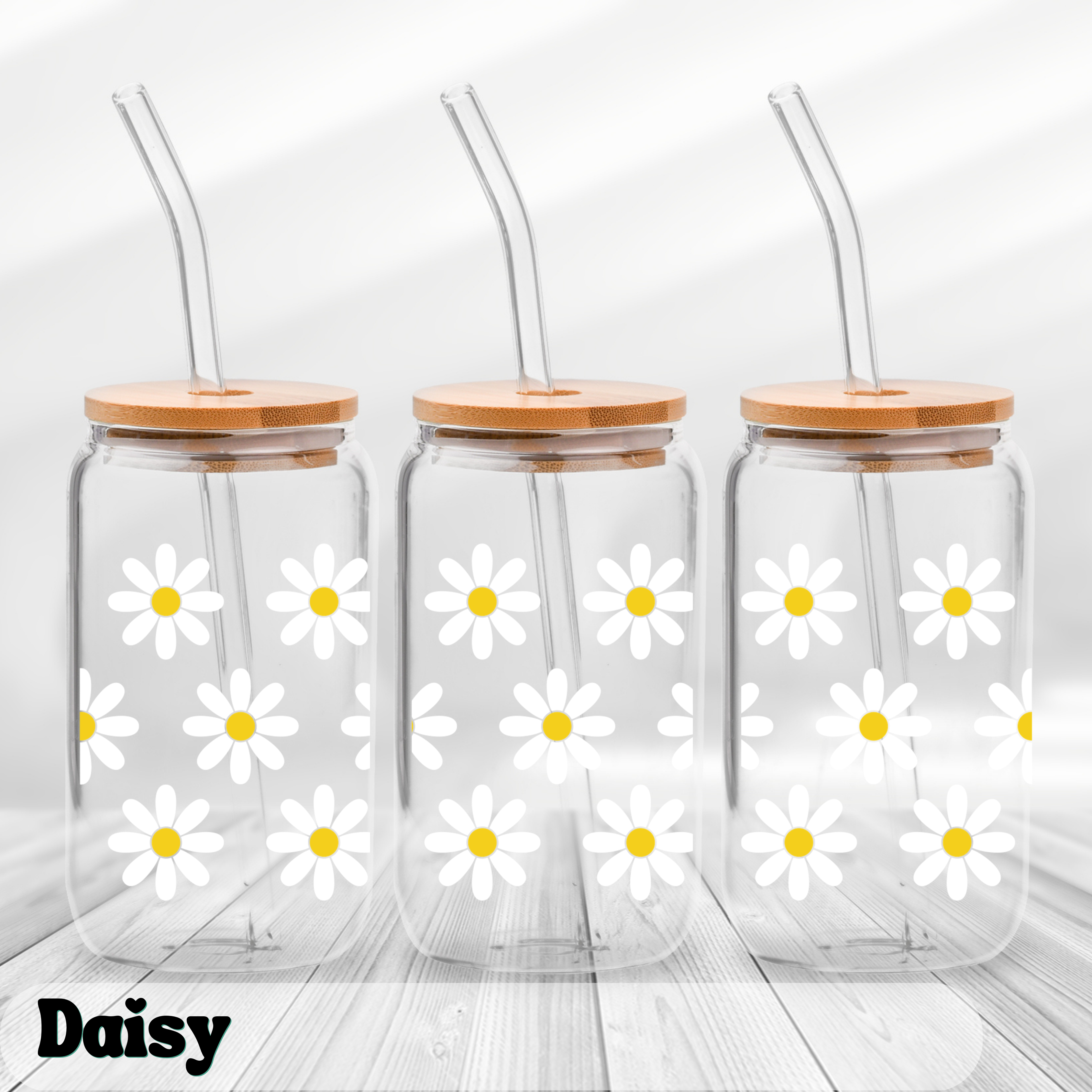 Featured Shops Daisy Glass Soda Can With Lid and Straw 16 oz