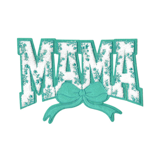 Mama Floral Teal Bow Chenille Patch with Sequin