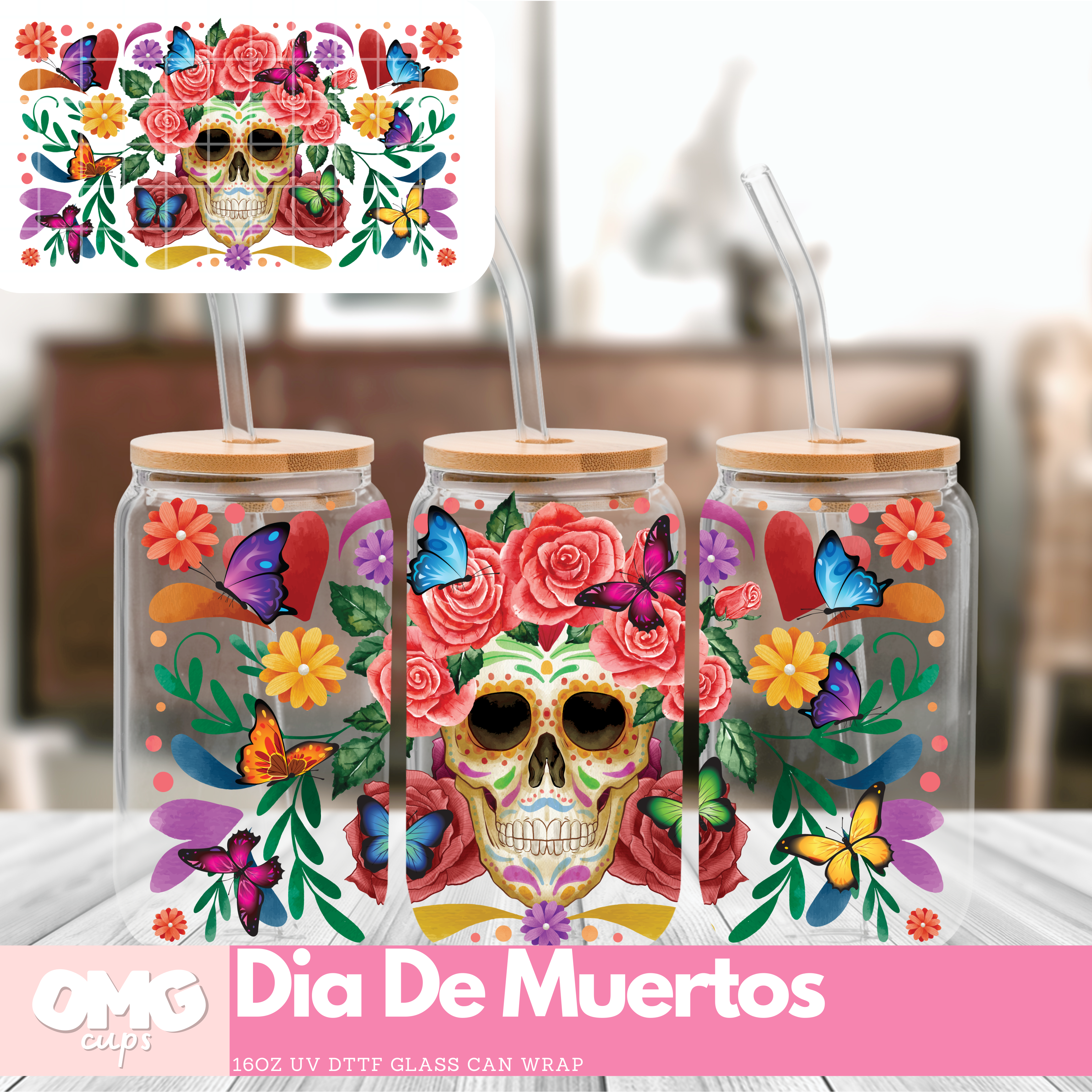 Day of the Dead or Dia de Muertos Glass Cup 16oz with straw and lid