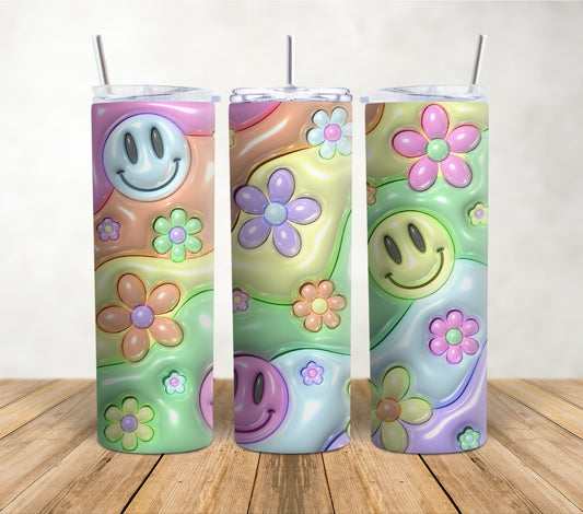 Inflated Smiley Floral - Puff | 20oz Sublimation Tumbler Wrap