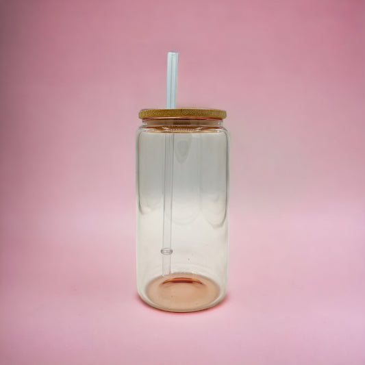 Iridescent 16oz Glass Can with Wooden Lid and Pink Glass Straw - YOUR  CHOICE OF DESIGN